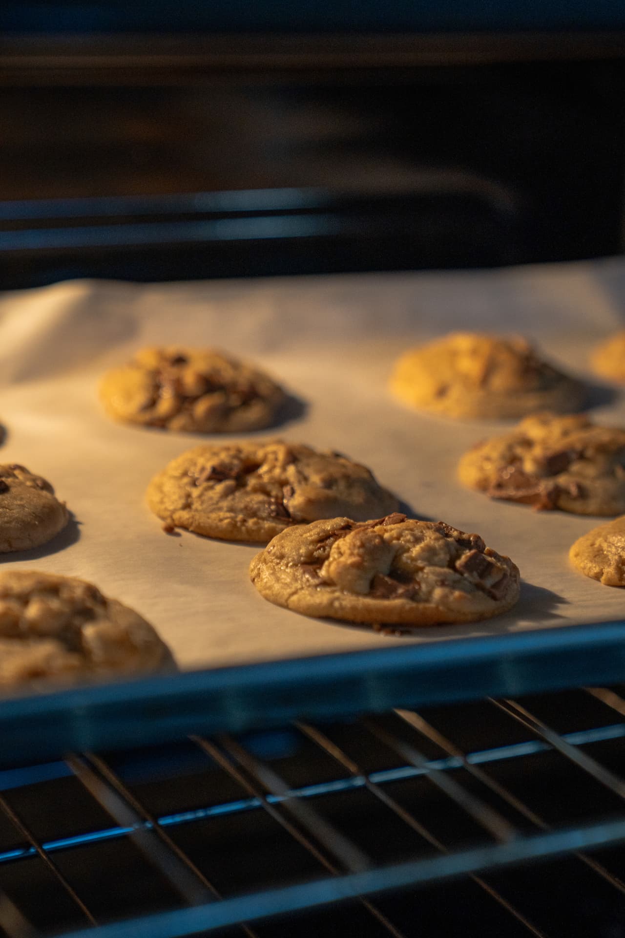 Chocolate chip cookies with big chocolate chunks baking in the oven